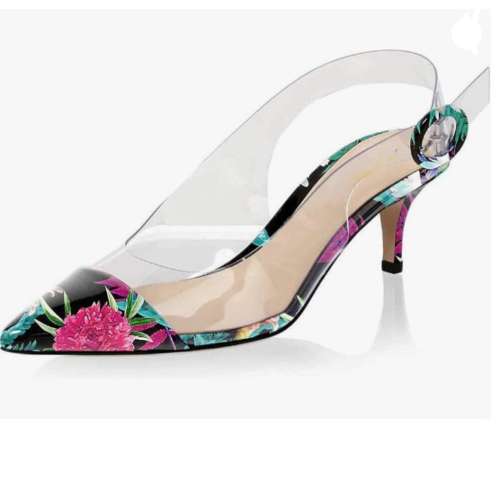 XYD Plant Transparent Slingback Kitten Heels Pumps Pointed Toe PVC Dress Sandals